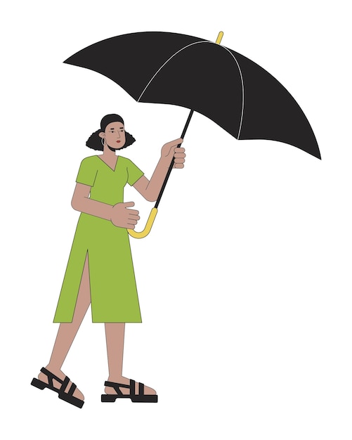 Cute woman holding opened umbrella flat line color vector character Editable outline full body person covers from bad weather on white Simple cartoon spot illustration for web graphic design