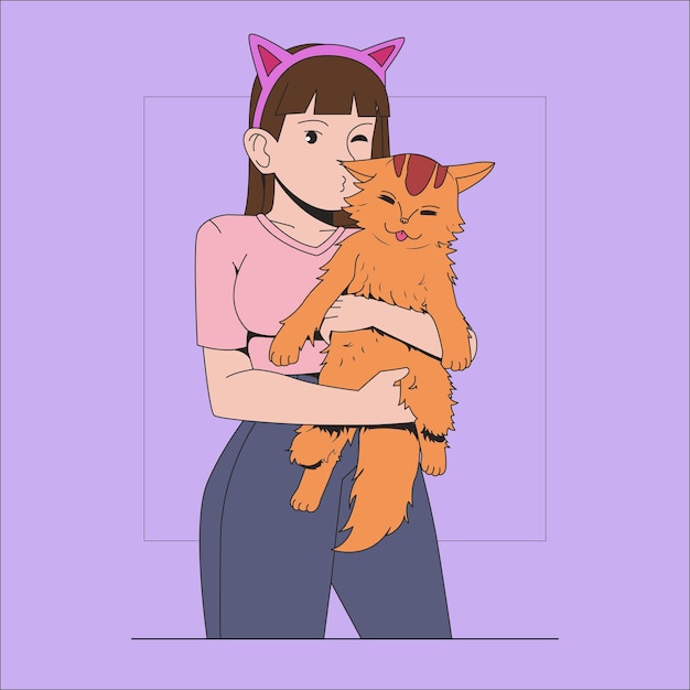 Vector cute woman hugging her cute cat