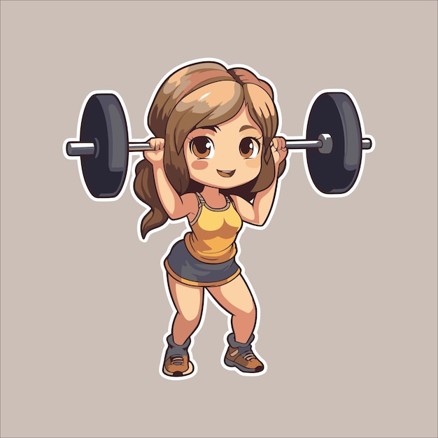 Vector cute woman lifting barbell cartoon vector sticker illustration