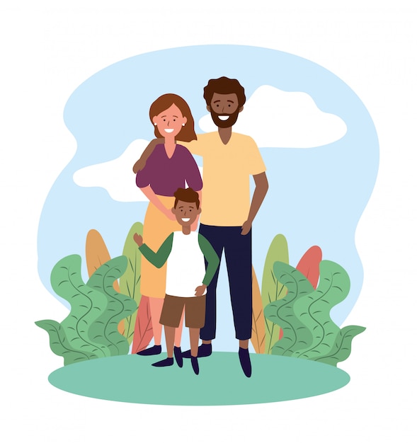 Vector cute woman and man couple with their son