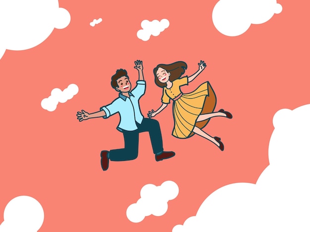 스티커 디자인 요소 를 위한 하늘 에서 날아다니는 귀여운 여자 와 남자 만화 일러스트레이션