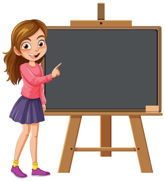 Cute woman pointing at the empty board cartoon character