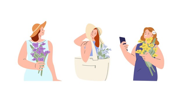 Vettore ritratto di donna carina ragazze divertenti tengono mazzi di fiori personaggio femminile con fiori facendo selfie sullo smartphone personaggi di persone elegante piatto vettoriale dei cartoni animati illustrazione del ritratto di fiore di donna