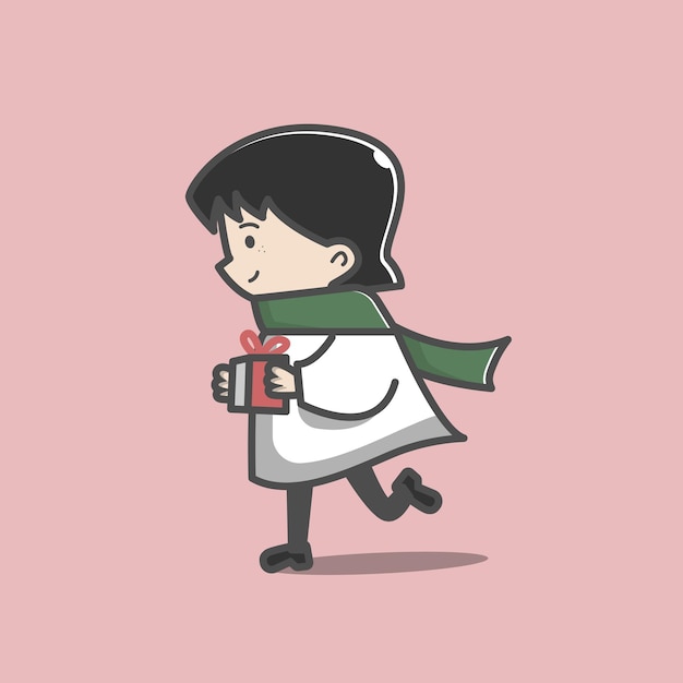 Vector cute woman running with christmas gifts