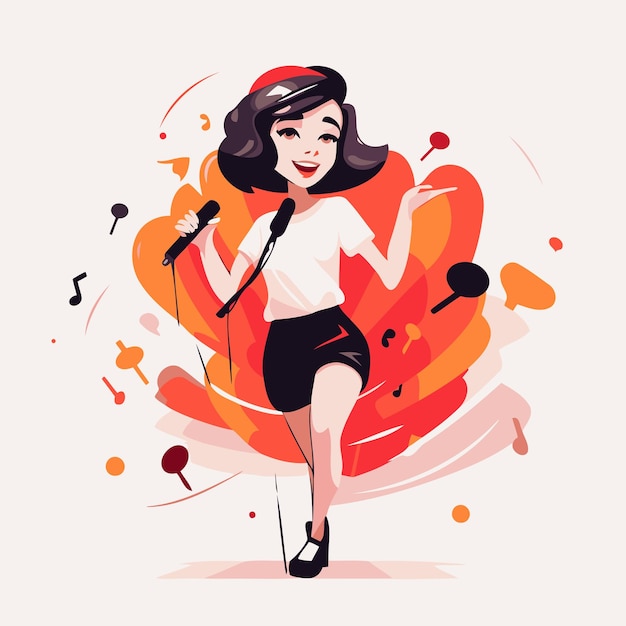 Cute woman singing karaoke Vector illustration in cartoon style