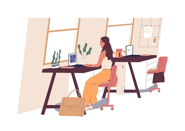 cute woman sitting at desk and working on laptop computer at office. young professional or female employee at workplace. daily routine, everyday life. flat cartoon colorful vector illustration.