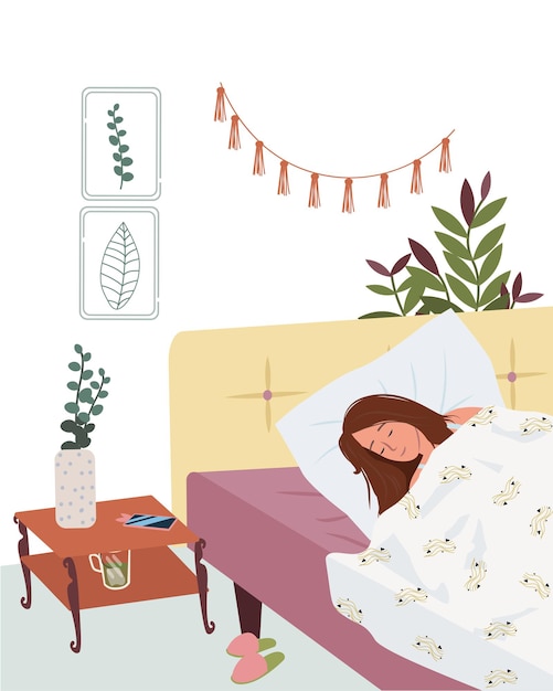 Donna carina che dorme ragazza che si riposa su un comodo materasso illustrazione di cartone animato di sonno sano