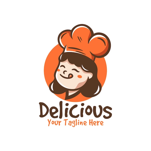 Cute woman slurp tongue cartoon wearing chef hat mascot illustration logo