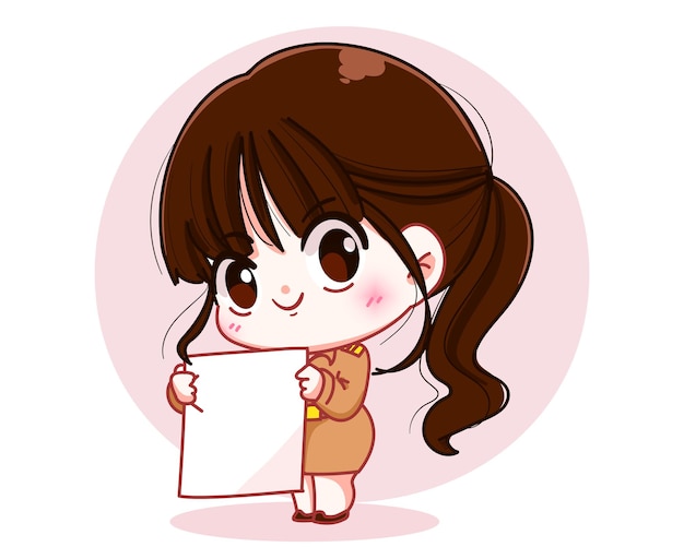 Cute woman teacher in government uniform holding a blank billboard character cartoon art illustration