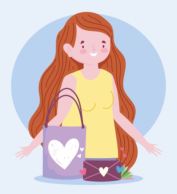 Donna carina con sacchetto regalo e busta cuore amore romantico cartone animato
