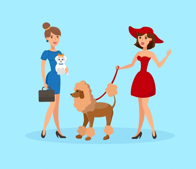 Cute women walking dogs flat vector illustration