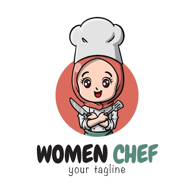 Donne carine con il logo della mascotte dei cartoni animati dello chef hijab