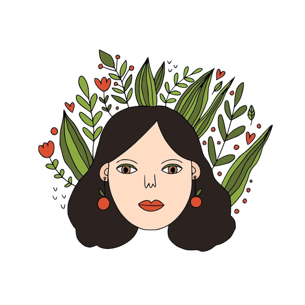 Cute women with long black hair and red lips flower and leaf on background vector illustrations in sketch doodle style