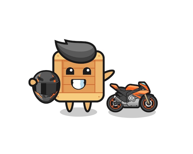 Cute wooden box cartoon as a motorcycle racer , cute design