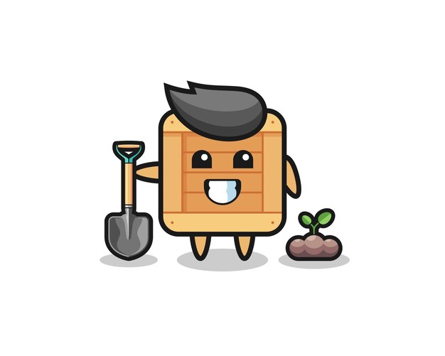 Cute wooden box cartoon is planting a tree seed