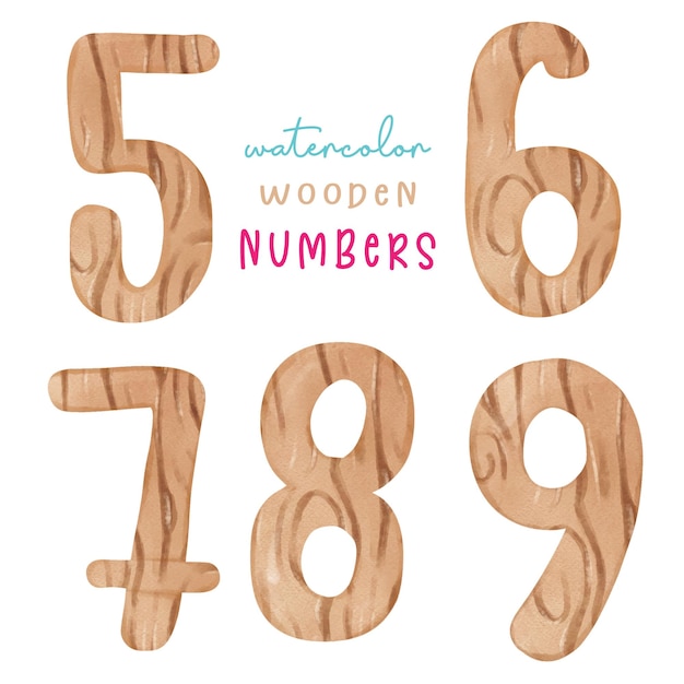 Cute wooden numbers 5678 9 watercolor painting illustration vector