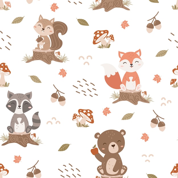 Cute Woodland animals sitting on stump seamless pattern in autumn forest background.