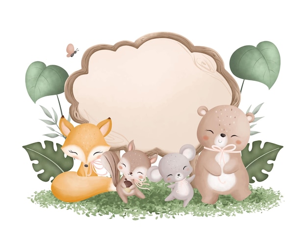 Vector cute woodland animals with blank wooden board