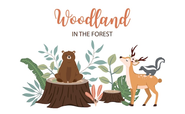 cute woodland background with deer, bear and forest