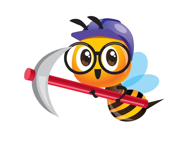 Cute worker bee character wearing eye glasses and safety cap holding big pickaxe