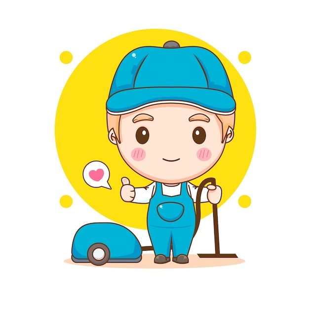 Cute worker of cleaning service holding vacuum cleaner cartoon character