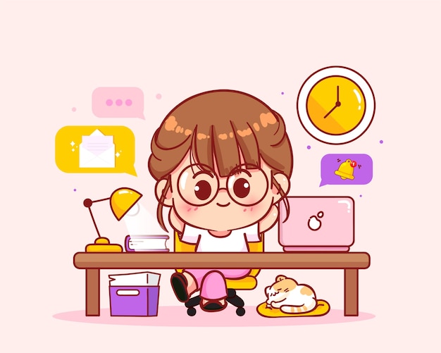 Cute workers relax sitting at desks cartoon art illustration