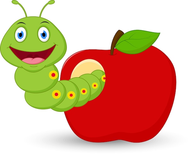 Vettore cartone animato carino verme nella mela