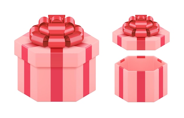 Милая завернутая розовая открытая и закрытая подарочная коробка с праздничным многоугольником, украшенная красной лентой с бантом 3d шаблон