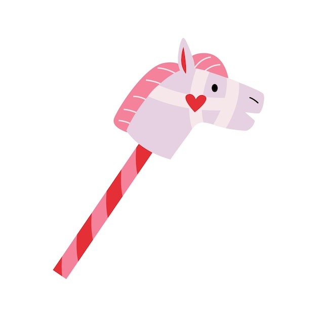 Cute xmas straight stick grey horse with white bridle with heart. Wooden hobby horse toy.