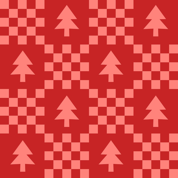 Cute y2k patchwork christmas seamless pattern background with xmas tree icon monochrome red checkers