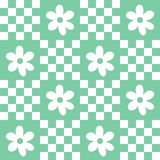 Cute y2k patchwork floral seamless pattern background teal turquoise green monochrome checkerboard