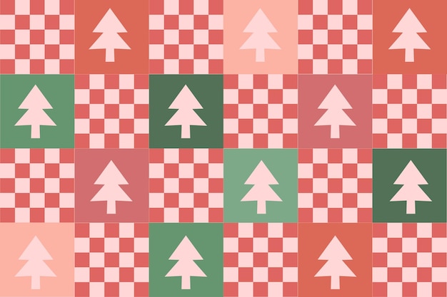 Cute y2k patchwork retro Christmas seamless pattern background Pastel checkerboard xmas tree