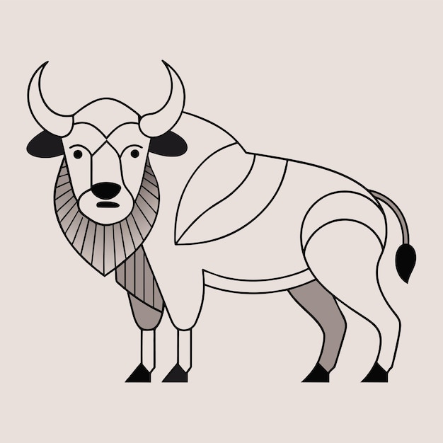 Вектор Милый бык-буффало, нарисованный вручную персонажем мультфильма, наклейка, икона, концепция, изолированная иллюстрация