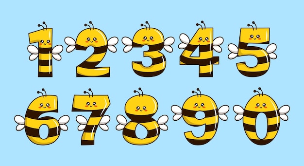 Cute yellow bee collection with numbering for birthday party kid education ornament element etc