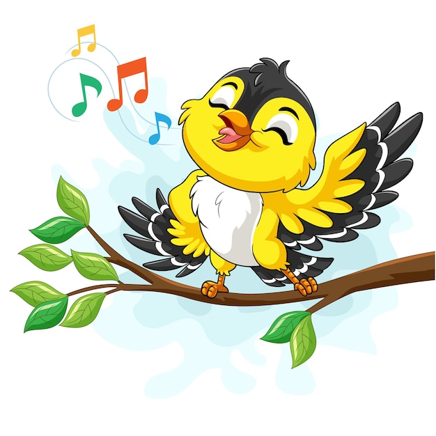 Vector cute yellow canary bird singing