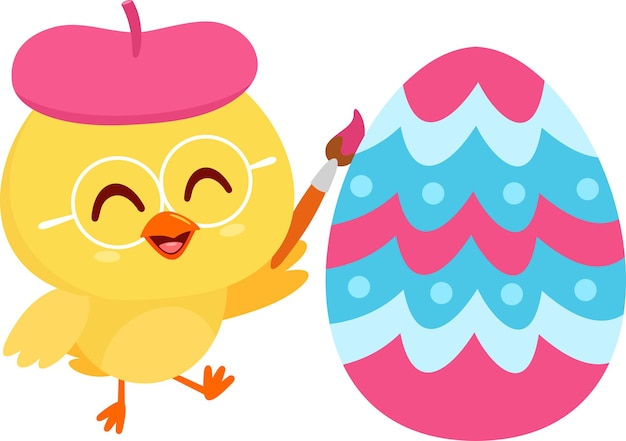 Cute Yellow Chick Cartoon Character Painting Colorful Easter Egg