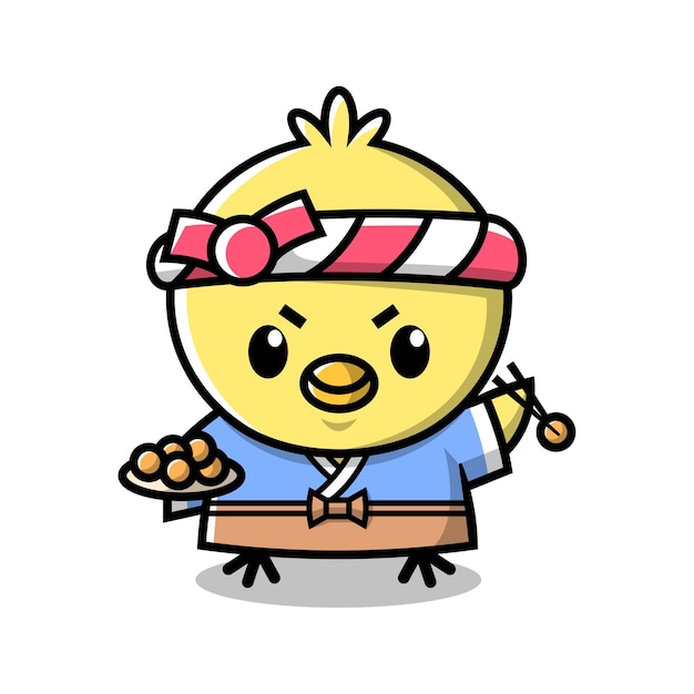 귀여운 노란 치킨이 일본 셰프 복장을 하고 후라이드 치킨볼 만화 마스를 제공하고 있습니다