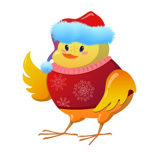 Cute yellow chicken in santa's red hat and warm sweater bird in cartoon style