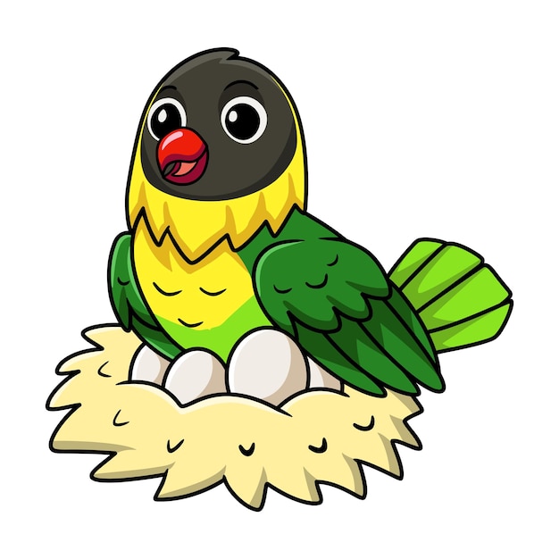 Cute yellow collared love bird cartoon with eggs in the nest