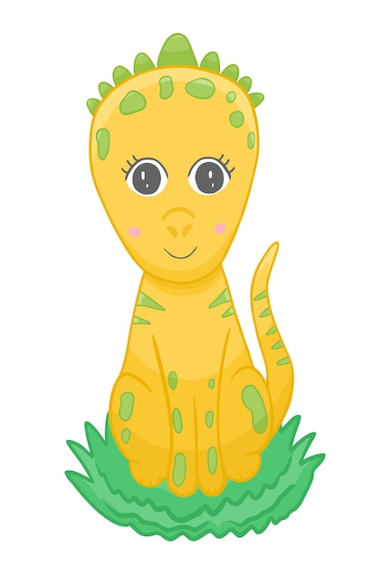 Cute yellow dinosaur in hand drawn cartoon style