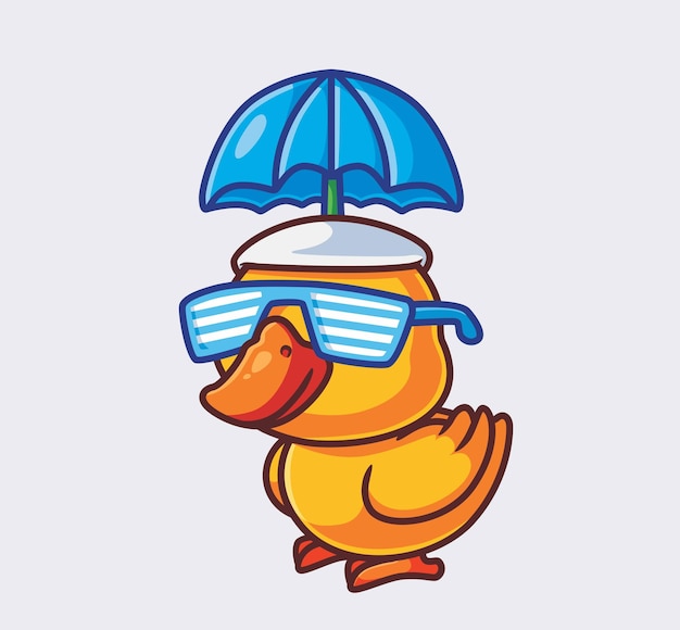 Cute yellow duck summer vacation with umbrella and glasses isolated cartoon animal nature