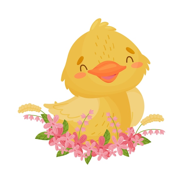 白い背景の上の花ベクトル図にかわいい黄色いアヒルの子が座っています。