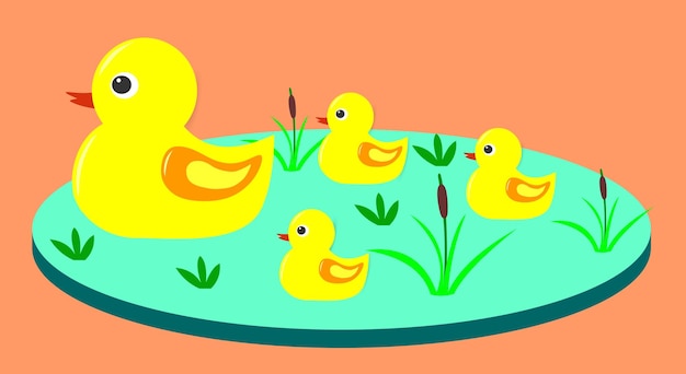 cute yellow ducklings for property picture decoration with water and grass