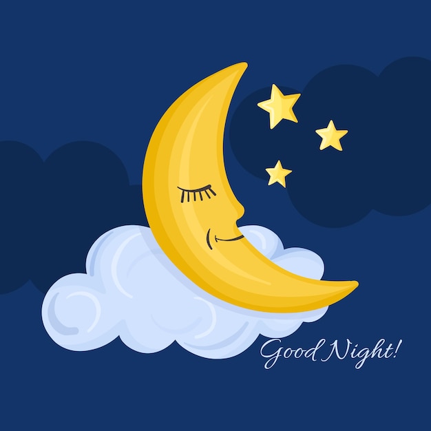 Cute yellow halfmoon in the night sky with stars and lettering good night