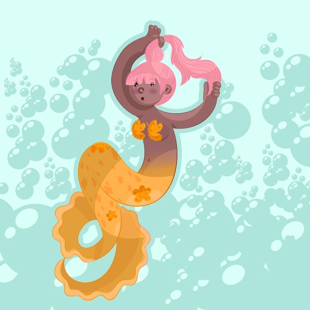 Vector cute yellow mermaid girl under water bubbles and pony tail pink hair character illustration