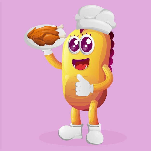 Cute yellow monster chef serving food