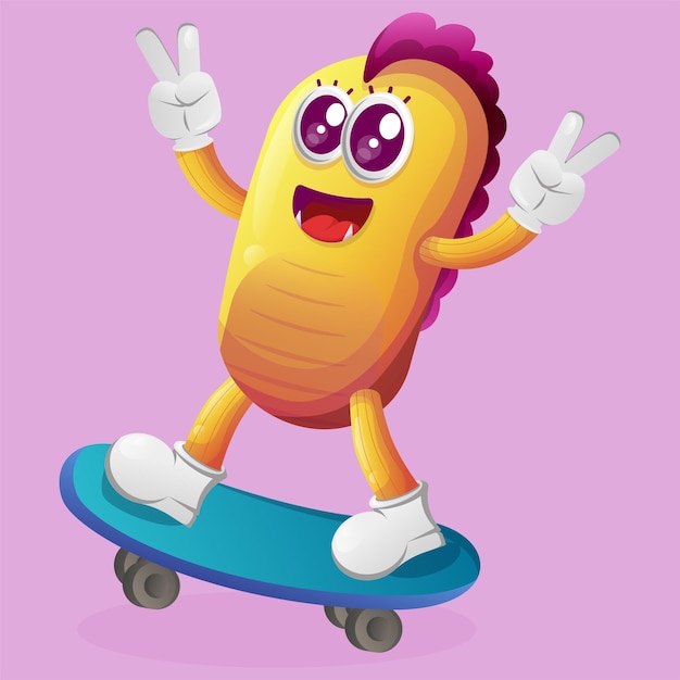 Cute yellow monster playing skateboard skateboarding