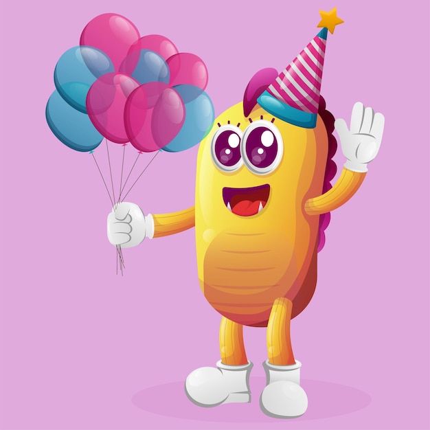 Вектор Симпатичный желтый монстр в шляпе на день рождения с воздушными шарами