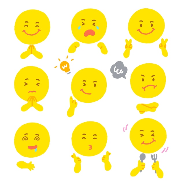 Cute Yellow Round Circle Emoji Different Expression Emotion Emotional Emoticon Hands Doodle Set