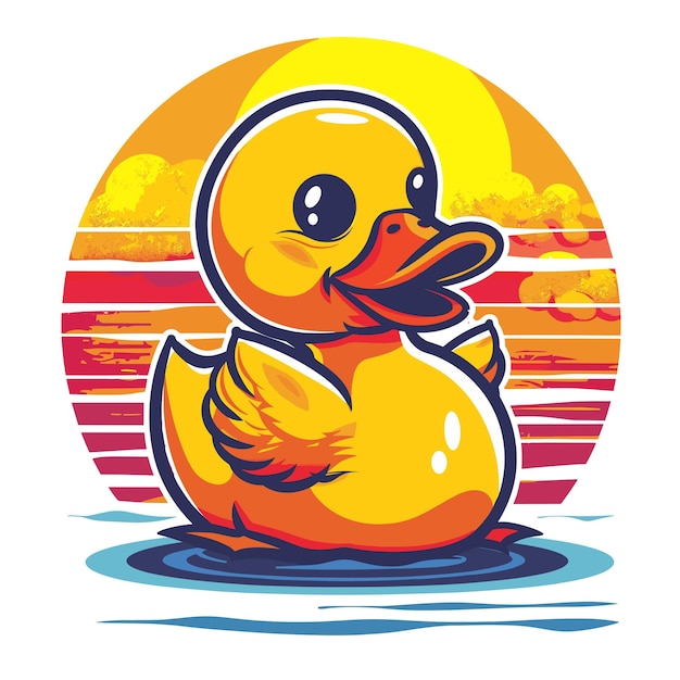 Cute yellow rubber duck on the background of the sunset Vector illustration